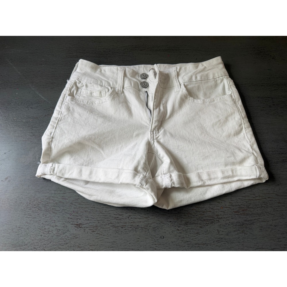 SO White Denim Shorts Womens Size 5 Double Button Rolled Hem Five Pocket